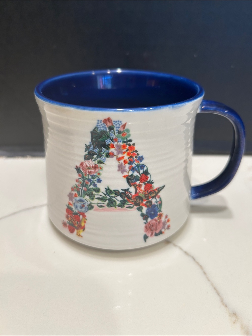 ANTHROPOLOGIE Nathalie Lete Floral 'A' Monogram Ceramic Coffee Mug Blue Interior